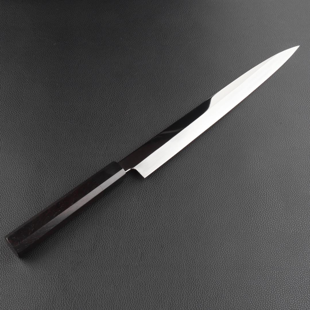 10994フグ引 柳刃包丁 尺寸 鏡面仕上げ 刃は究極の切れ味 黒檀黒水牛八角柄