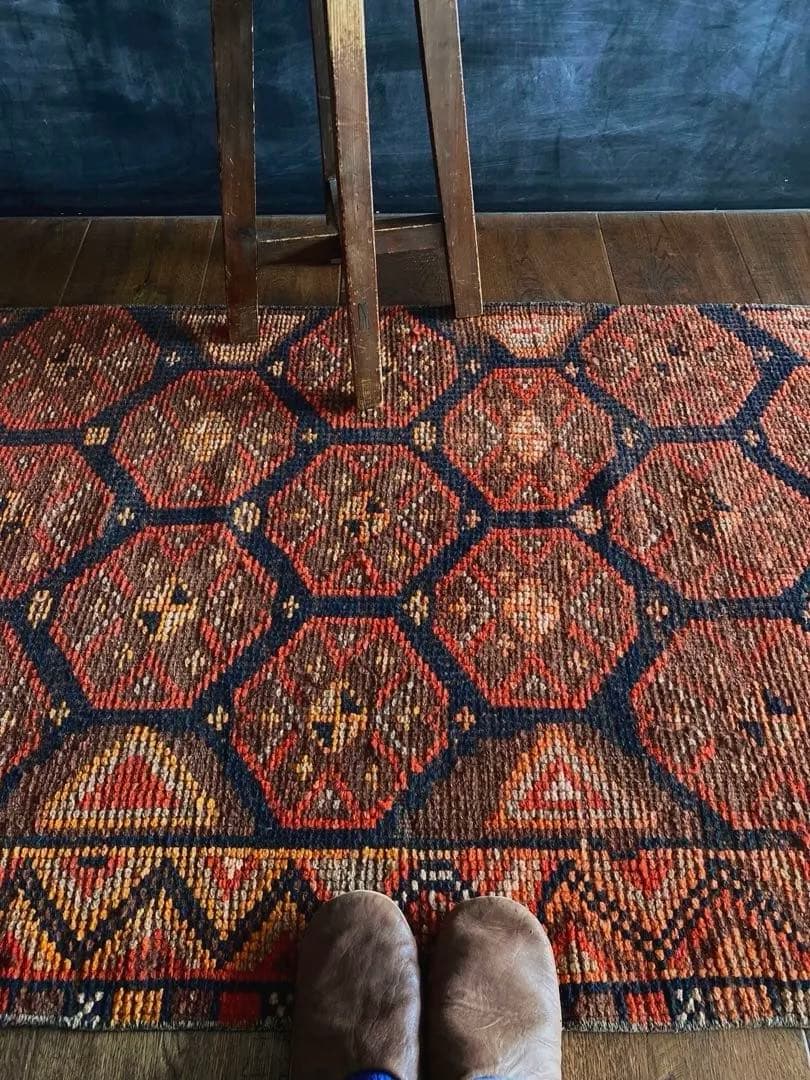 オレンジブラック　超ロングランナーラグ　ヴィンテージラグ　トルコラグ