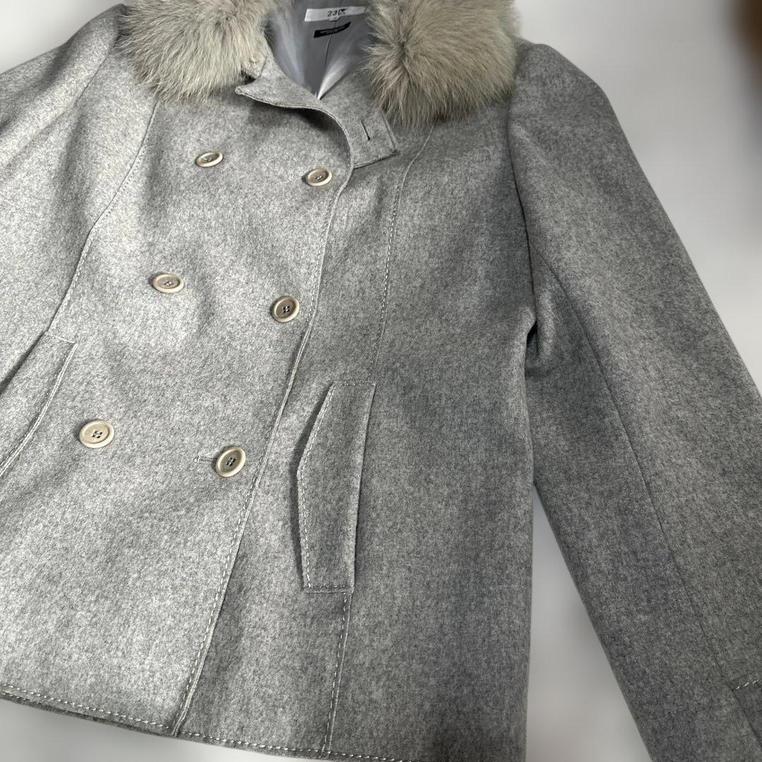 23区 フォックスファー付 ウールPコート グレー 46 3L 大きいサイズ