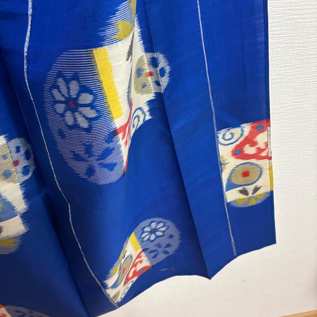 【極美品】【銘仙】【単衣】身丈157 ロイヤルブルー 幾何学丸紋 トールサイズ