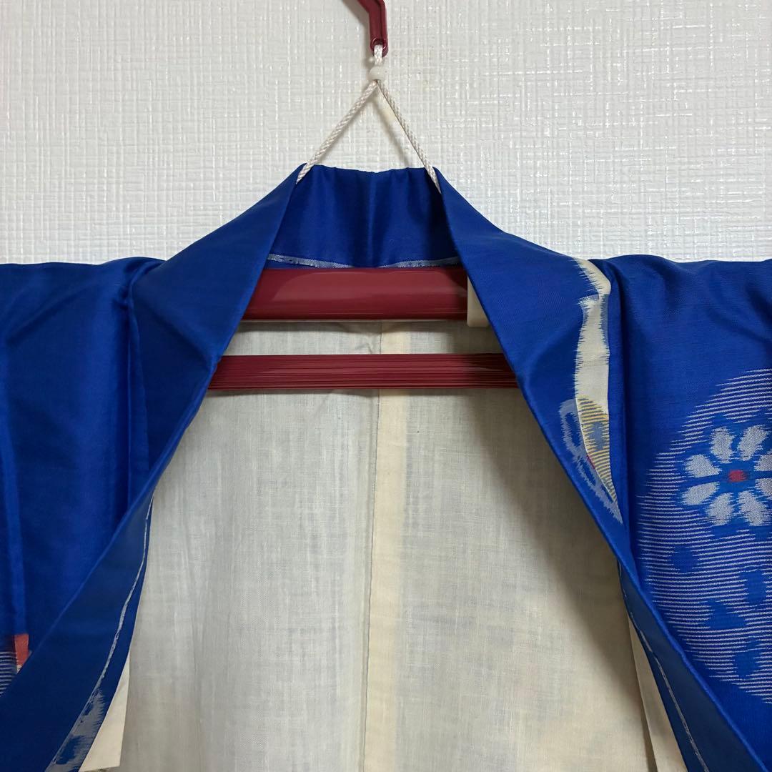 【極美品】【銘仙】【単衣】身丈157 ロイヤルブルー 幾何学丸紋 トールサイズ