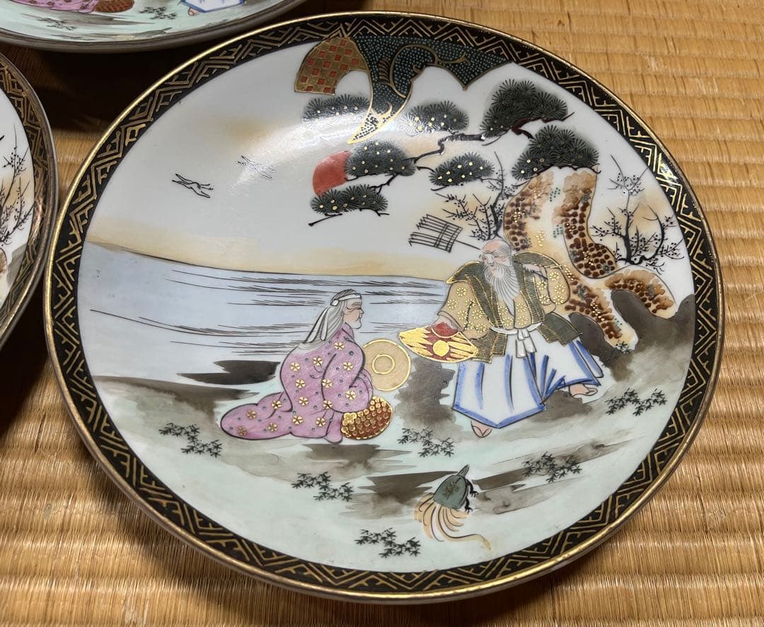 九谷焼 平皿 大鉢 大皿（骨董品・古美術）　日本昔話　5枚セット　共箱　送料無料