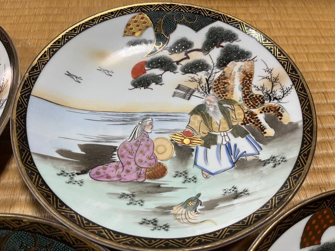 九谷焼 平皿 大鉢 大皿（骨董品・古美術）　日本昔話　5枚セット　共箱　送料無料