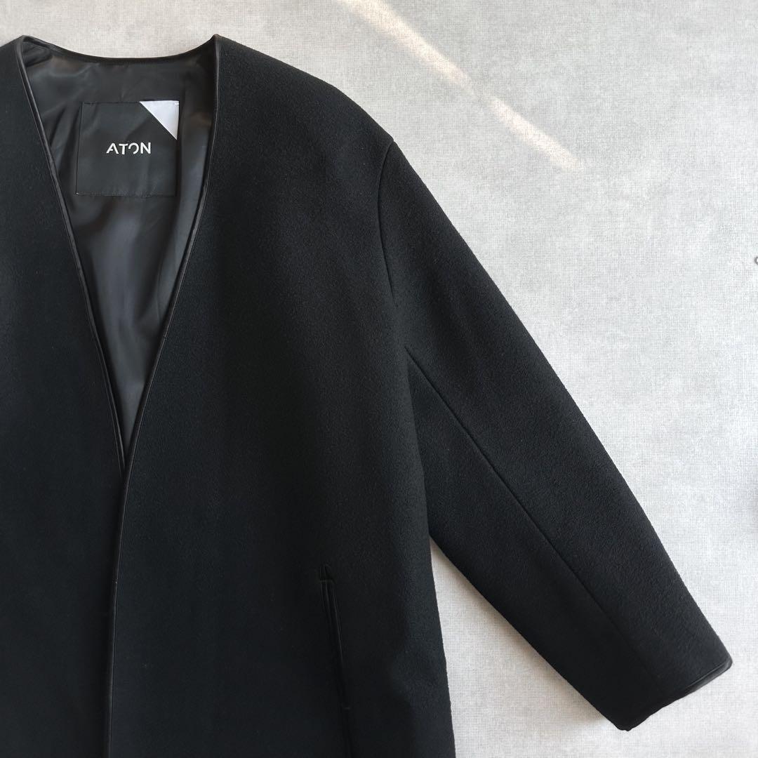 美品▲定価9.7万円▲ATON エイトン//ノーカラーウールメルトンコート 黒