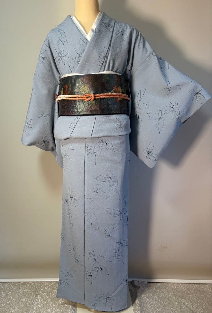 銀座　英　はなぶさ　ちりめん　袷　　 　小紋　トールサイズ　身丈162㎝　ブルー