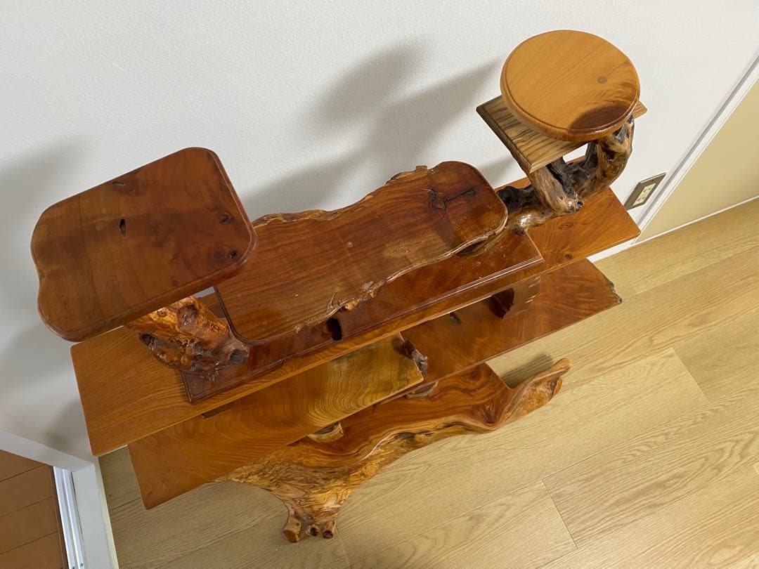 アンティーク 昭和 和風 木製 / 丸型茶棚 飾り棚 違い棚 ウッドシェルフ