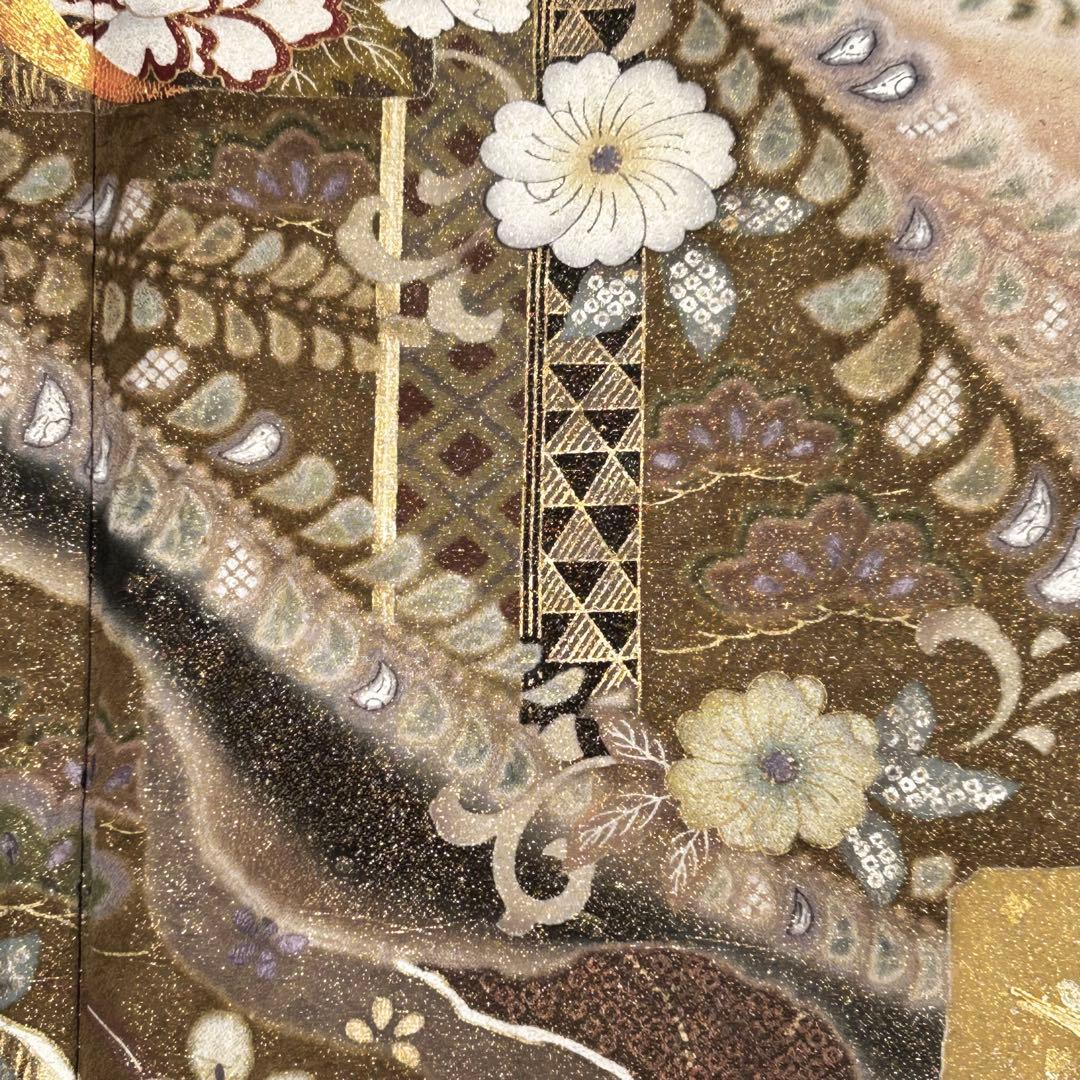 【656】辻が花•鶴 文様 金駒刺繍入り 黒留袖