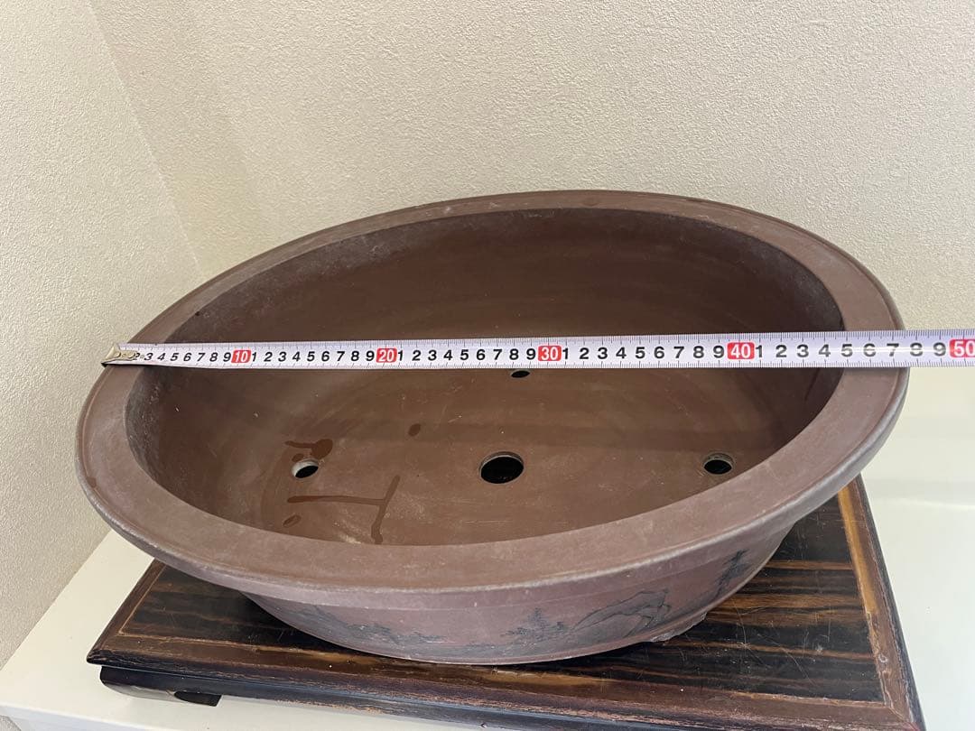 中国盆器 中国宜興 周寶山「周寶山絵紫泥墨絵山水図外縁下帯段足楕円鉢」泥味最高