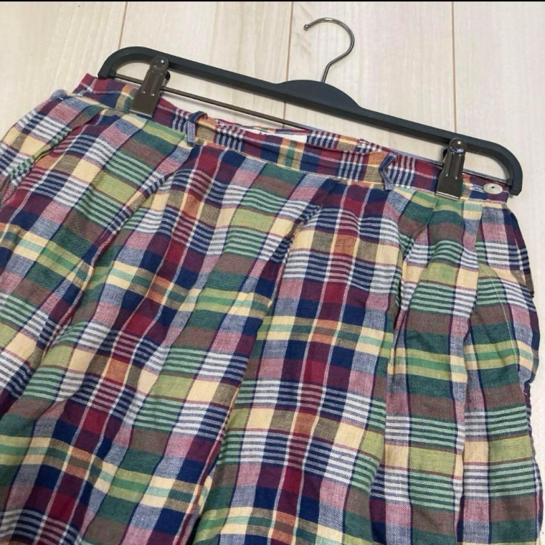 45R チェック柄　リネンタックワイドパンツ　ロングキュロット　サイズ2