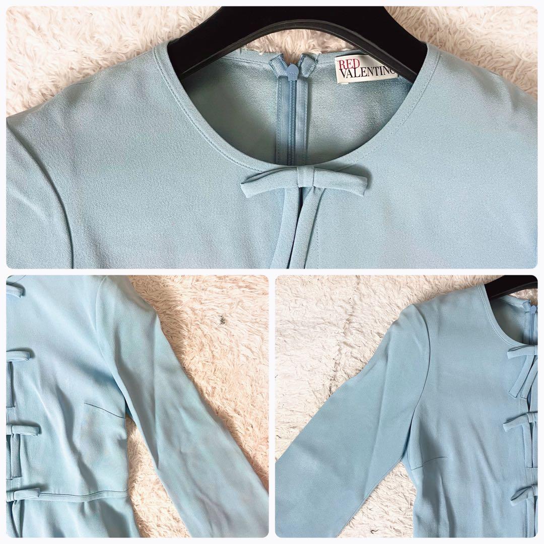 ✖︎ ヴァレンティノ ワンピース Aライン フレア リボン ブルー 水色 M