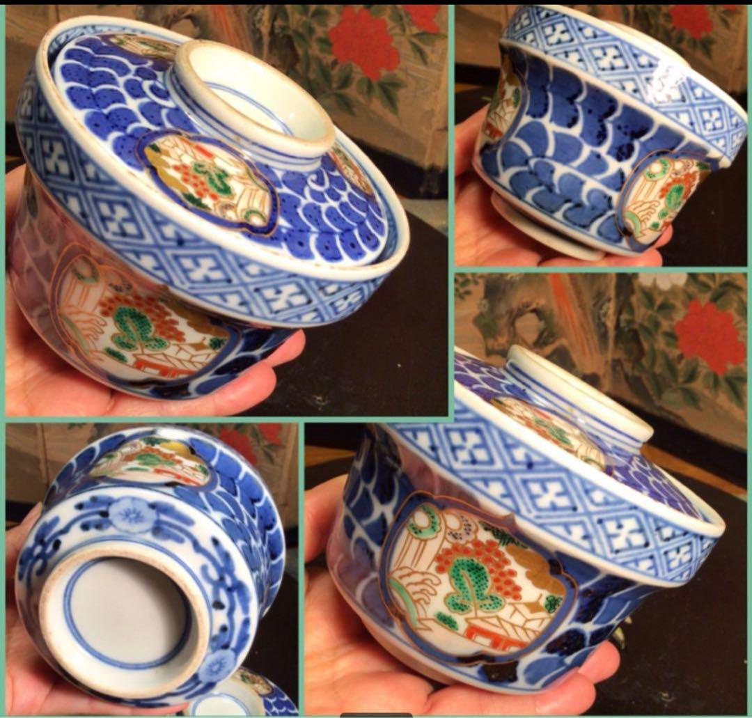 A1032 古伊万里染錦手　唐草　窓絵山水紋様　蓋茶碗　1客