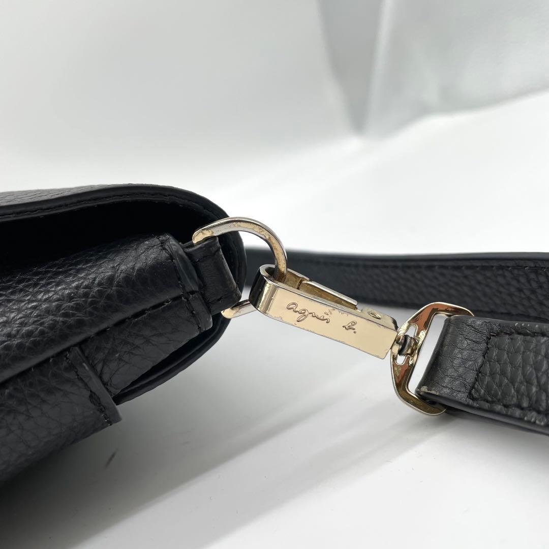 【極美品】アニエスベー　ショルダーバッグ　ロゴ　ゴールド金具　レザー　ブラック