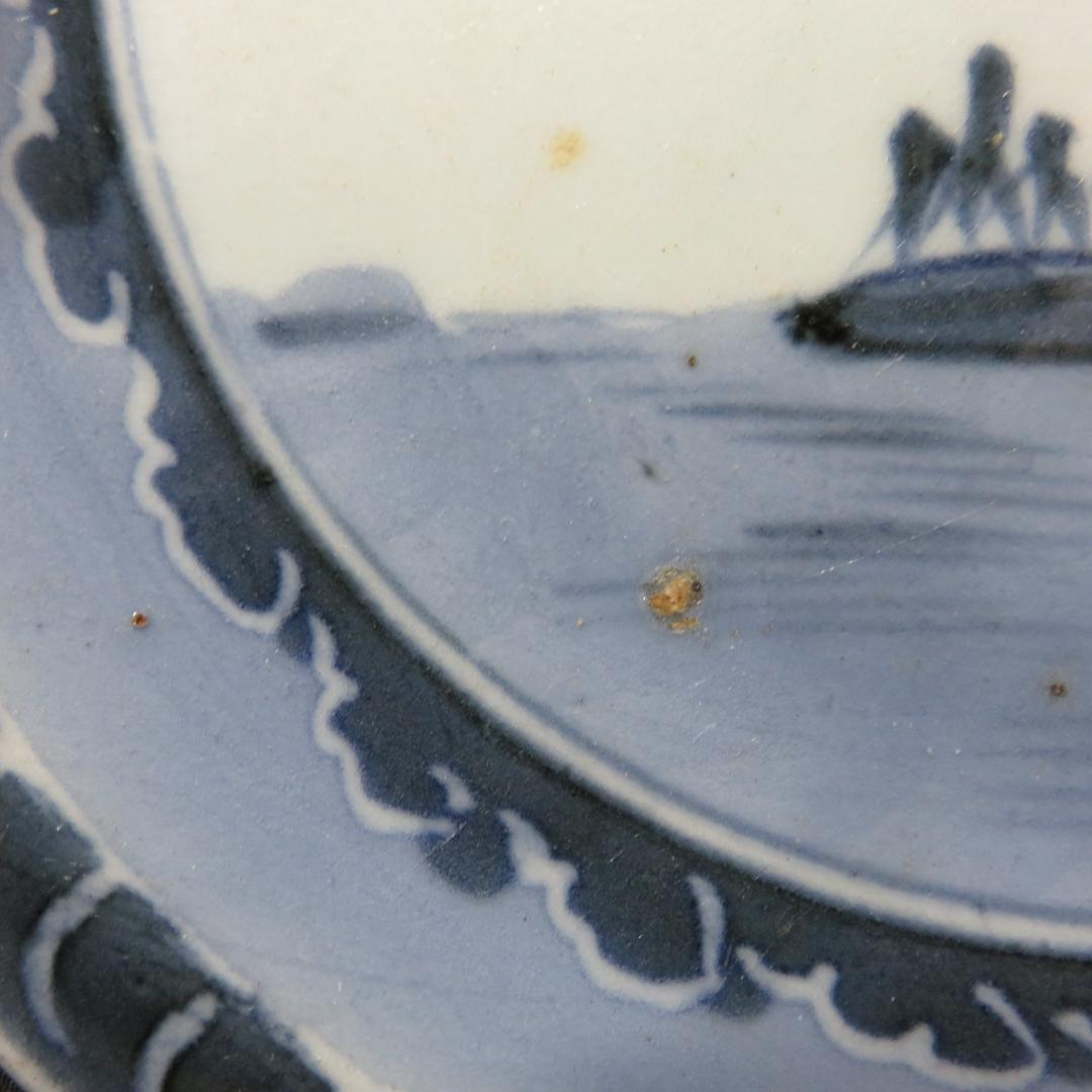 皿 5枚 古伊万里 染付 山水 江戸 窯傷 家屋 船