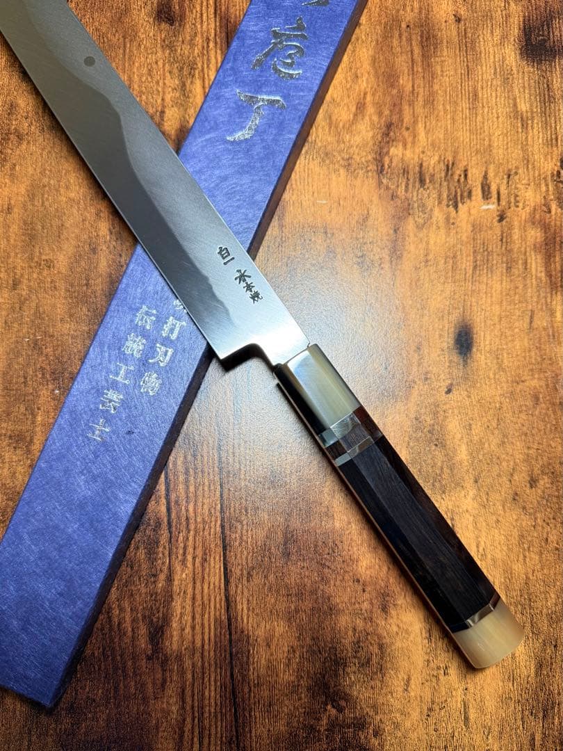 【堺打刃物】蛸引 先丸　水本焼 白一鋼 富士山　鏡面 尺　包丁　黒檀水牛八角柄