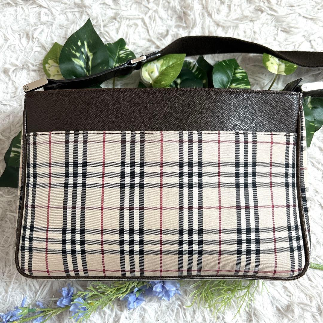 美品⁂バーバリー⁂ショルダーバッグ　キャンバスレザー　ノバチェック　ブラウン