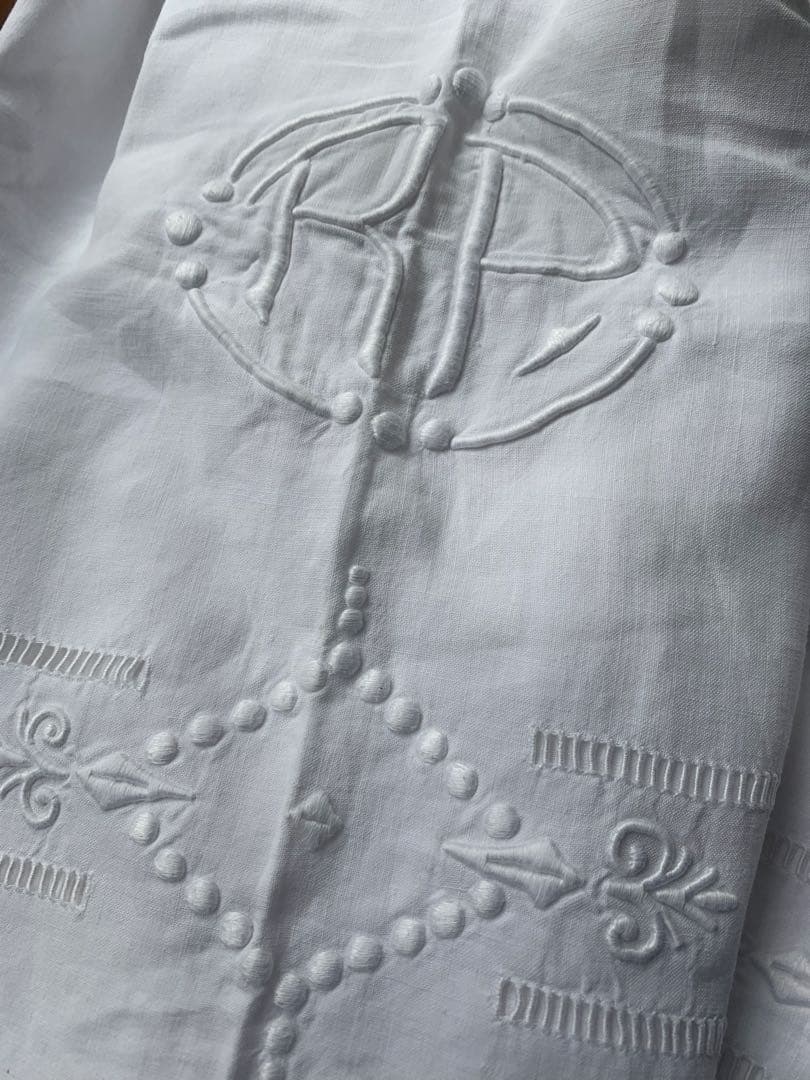 フランスアンティーク 薄手コットン 超大判一枚布 3.1x2.2m 手刺繍レース