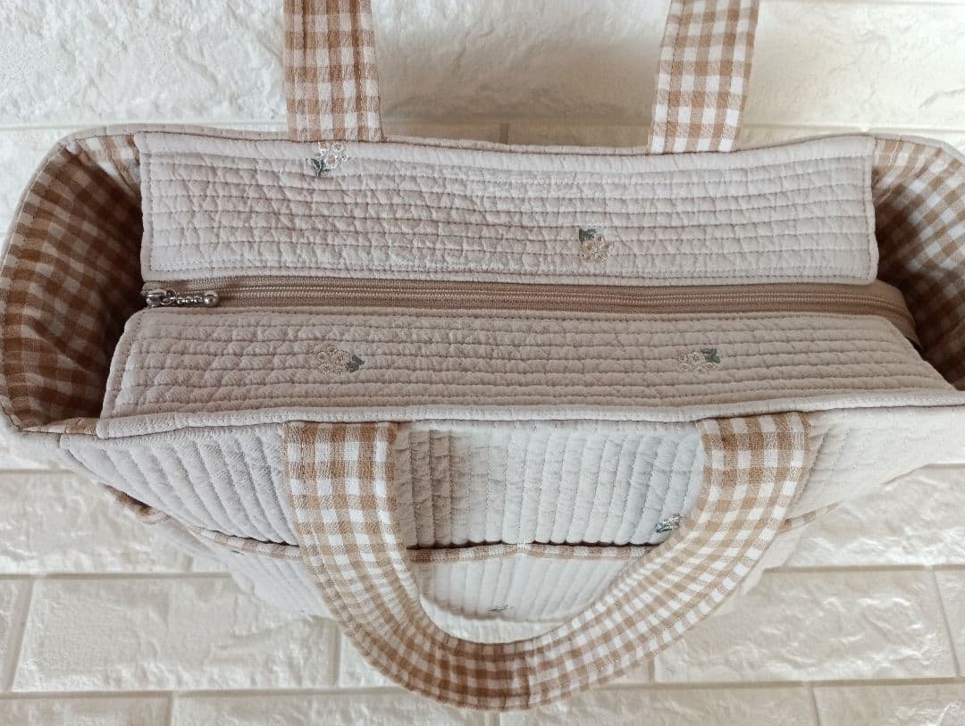 ヌビバッグ ポケットいっぱい ベージュ×リトルフラワー ハンドメイド