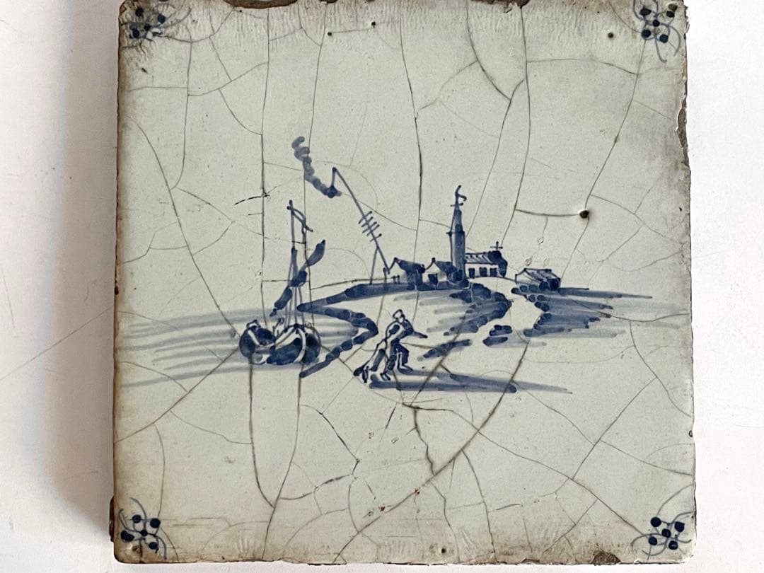 骨董　アンティーク　デルフトタイル　染付　人物文　港　船　17世紀　オランダ