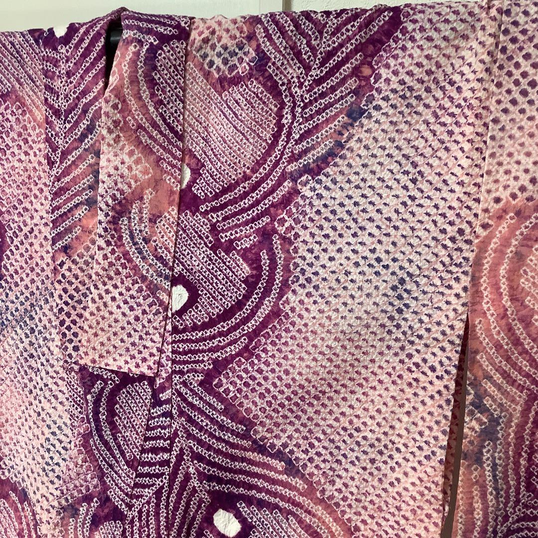 【彦兵衛mini】人気！伝統工芸品・有松絞り浴衣〜ピンク・すみれ色に孔雀の羽〜