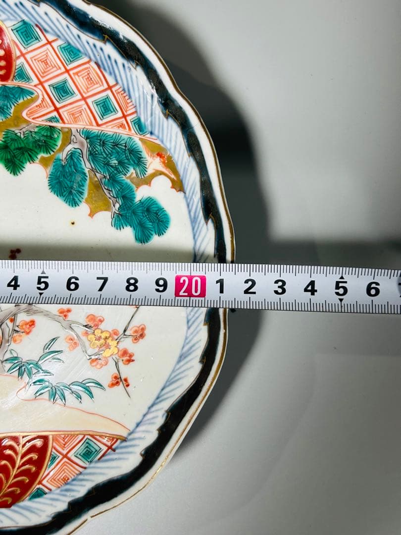 古伊万里　色絵　金襴手　松竹梅　鶴　輪花　七寸皿　5枚　21.5㎝　窓絵　帆舟