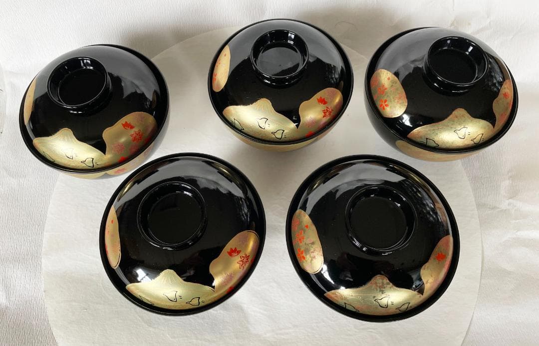 吸物椀 金貝合わせ 千鳥と紅葉 丸型高千才椀 黒塗 漆塗 5客 雑煮椀 おせち