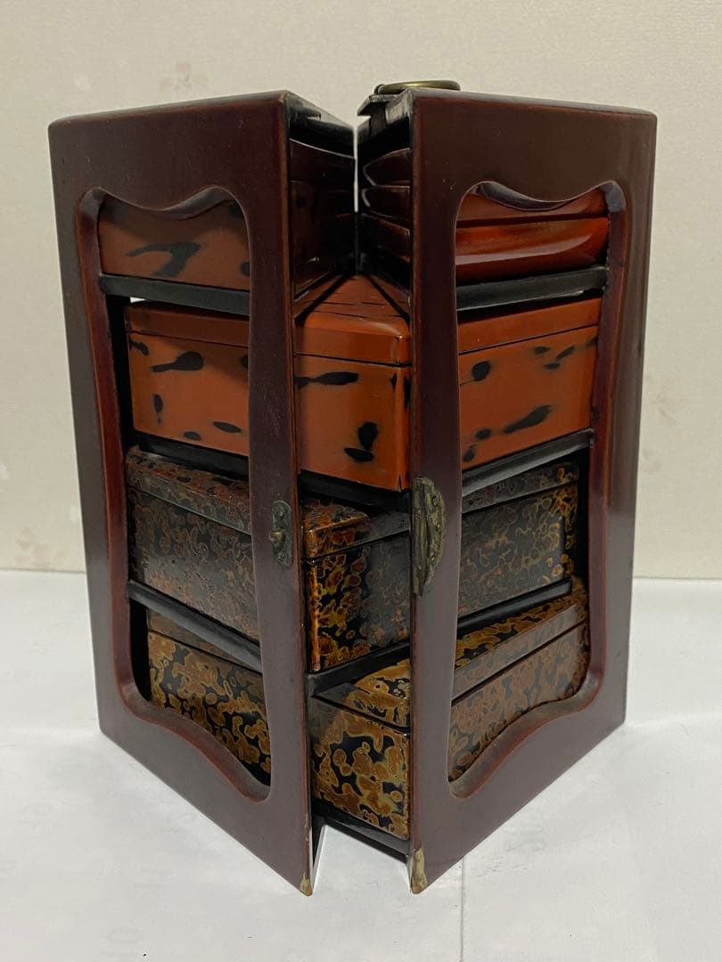 ♦明治時代工芸品 花見 野立て用 四段携帯弁当箱 提重 漆器 古美術品 骨董品