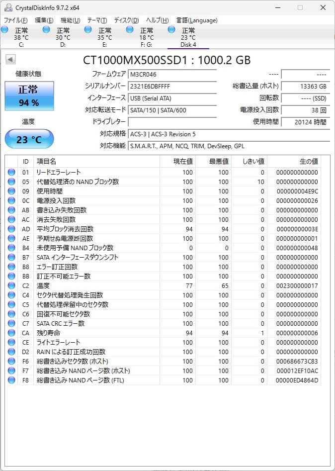 Crucial MX500 2.5インチSSD 1TB(1000GB)
