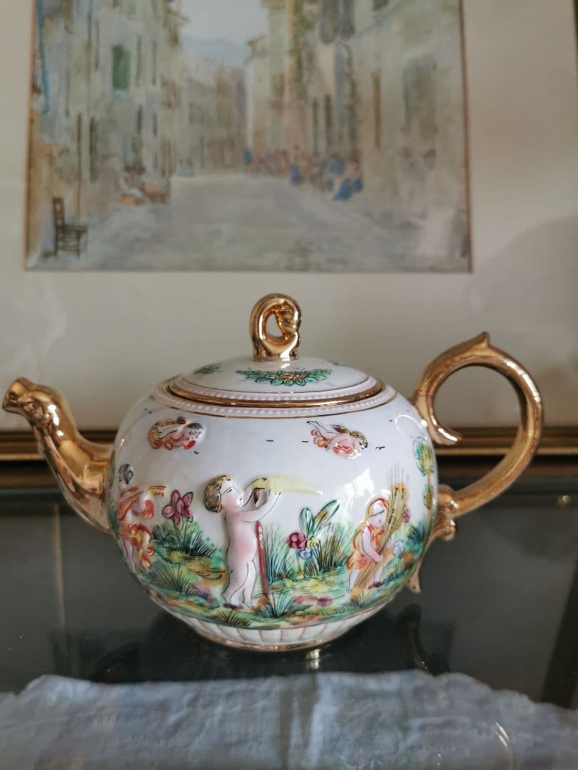 アンティークイタリア カポディモンティ 子供と天使と鳥 収穫 ラージティーポット