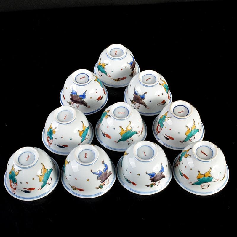 九谷焼　堀江青光作　色絵唐子文　波出茶碗　10客　共箱　V　6232C