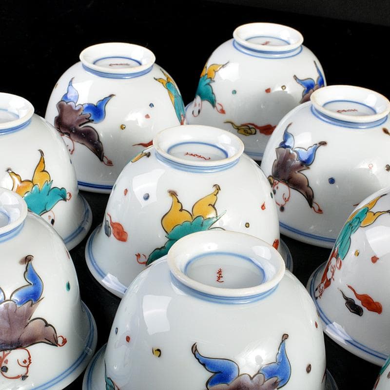 九谷焼　堀江青光作　色絵唐子文　波出茶碗　10客　共箱　V　6232C