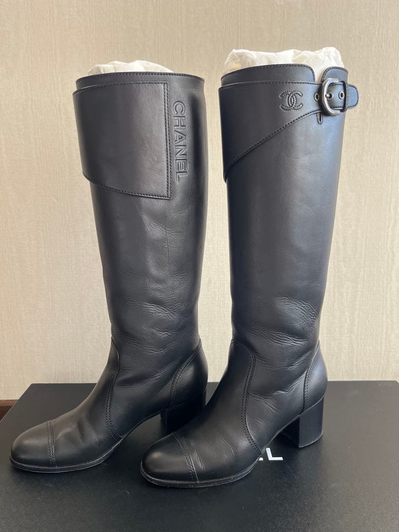 CHANEL シャネル バックルベルト カーフスキン ブラック ハイブーツ 38