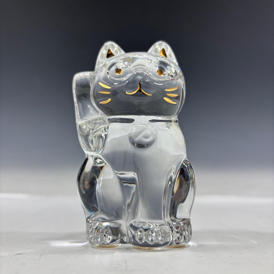 美品【バカラ本物】置物/まねき猫/クリスタル/クリア×ゴールド