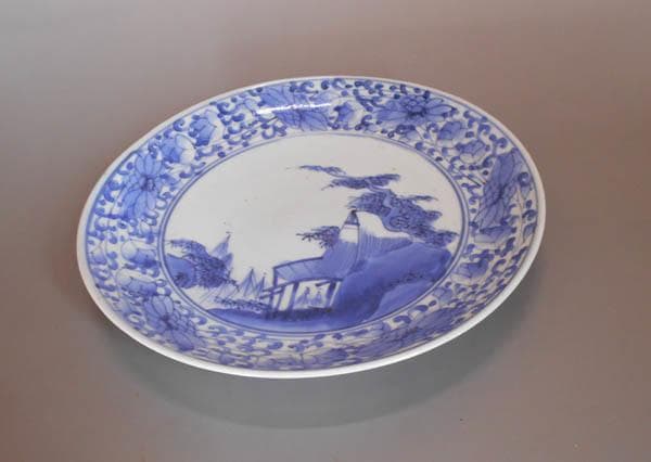 古伊万里　染付　花唐草　山水文 中皿　藍柿右衛門　江戸中期　一重 延宝　1922