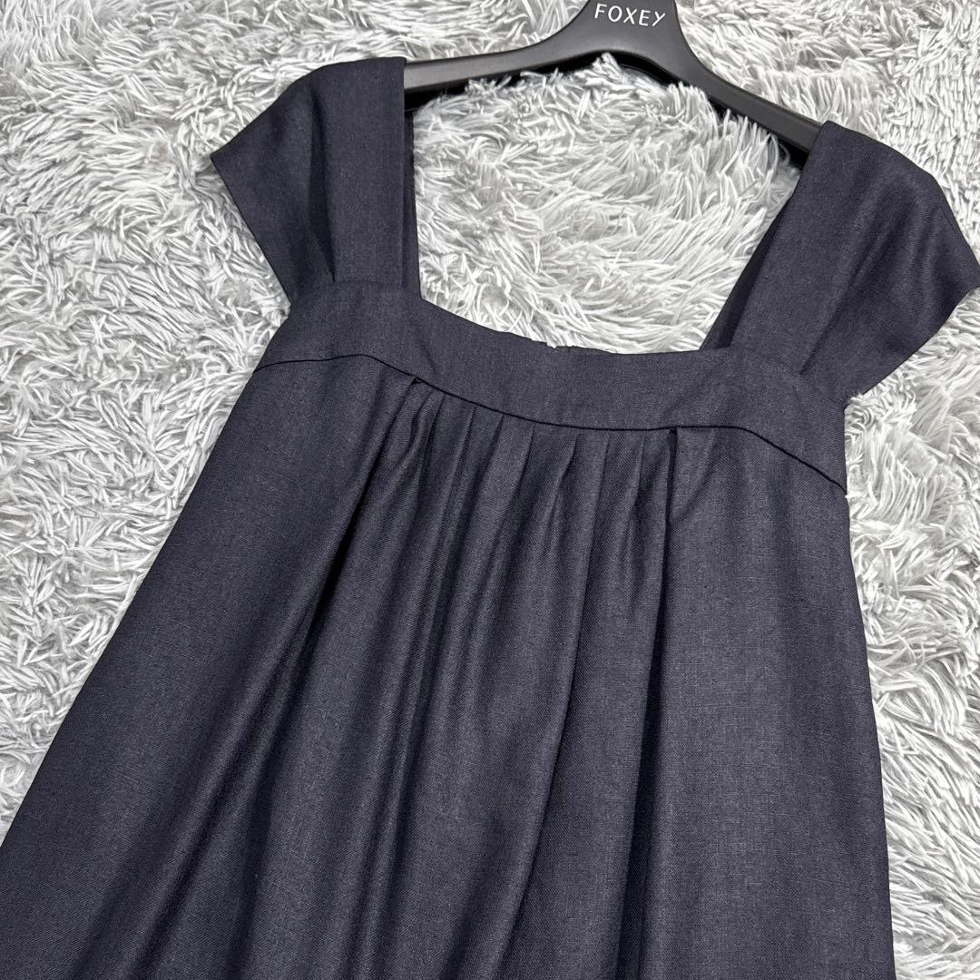 未使用級✨フォクシー リネンフェイスワンピースドレス ティアード ネイビー 38