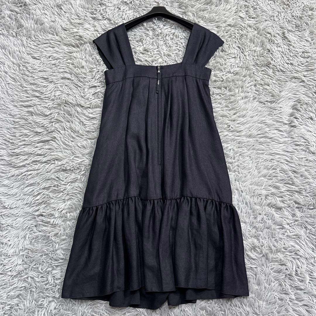 未使用級✨フォクシー リネンフェイスワンピースドレス ティアード ネイビー 38