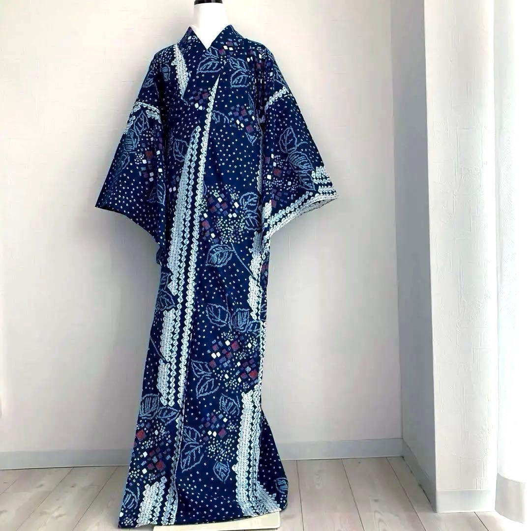 有松絞り浴衣・蜘蛛絞り　青緑　紫陽花　手縫い　絞り浴衣　裄70cm No7-15