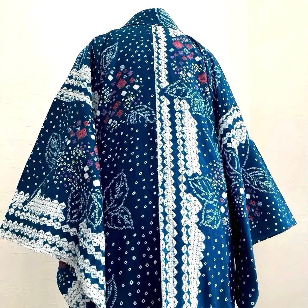 有松絞り浴衣・蜘蛛絞り　青緑　紫陽花　手縫い　絞り浴衣　裄70cm No7-15