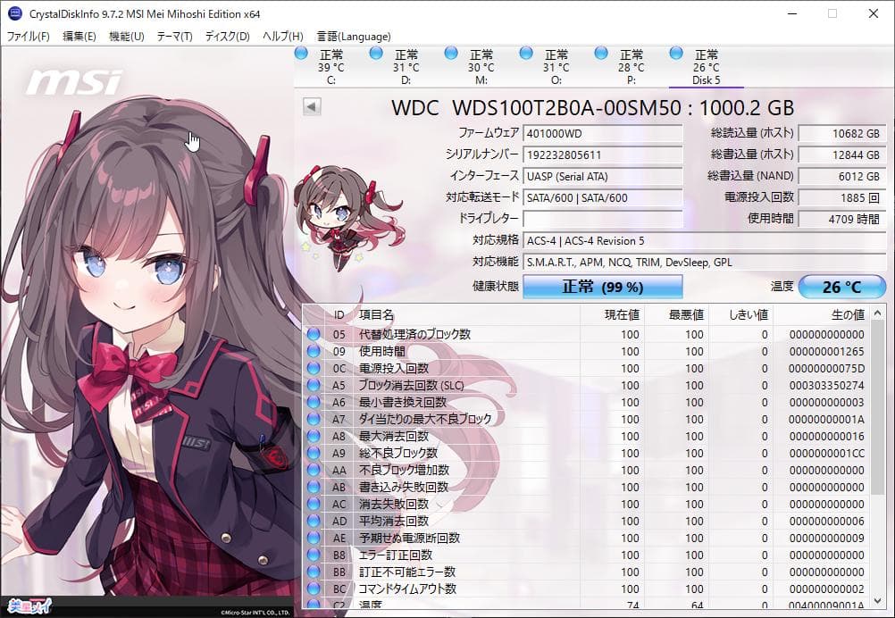 WD 2.5インチ SATA SSD 1TB 使用時間4709時間