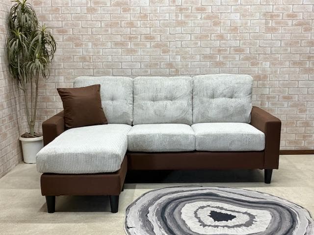 カウチソファ　３人掛け　コーデュロイ　LGY　新品　大特価