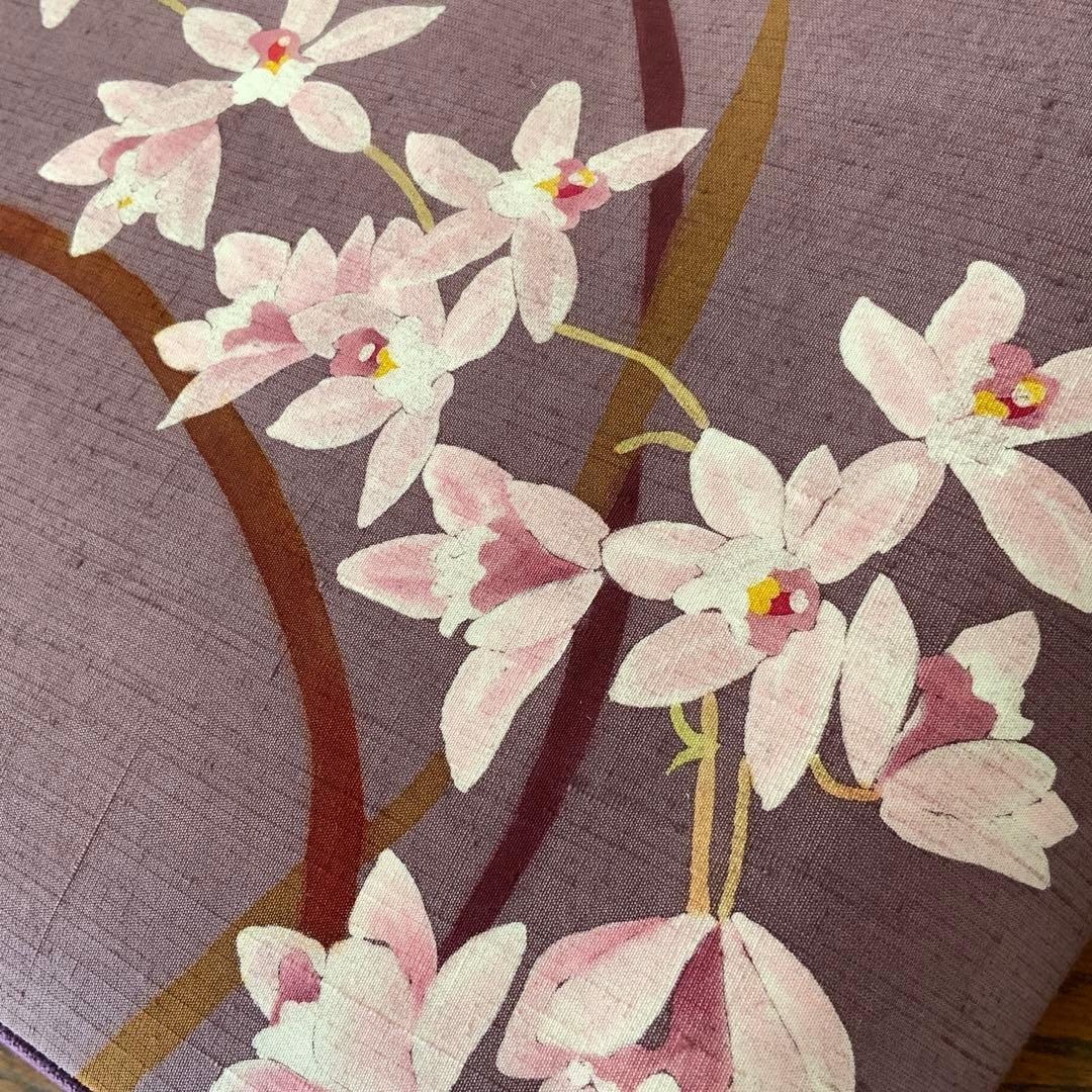 A4サイズ対応　紬　蘭のお花　リメイク　リネンコードハンドルバッグ