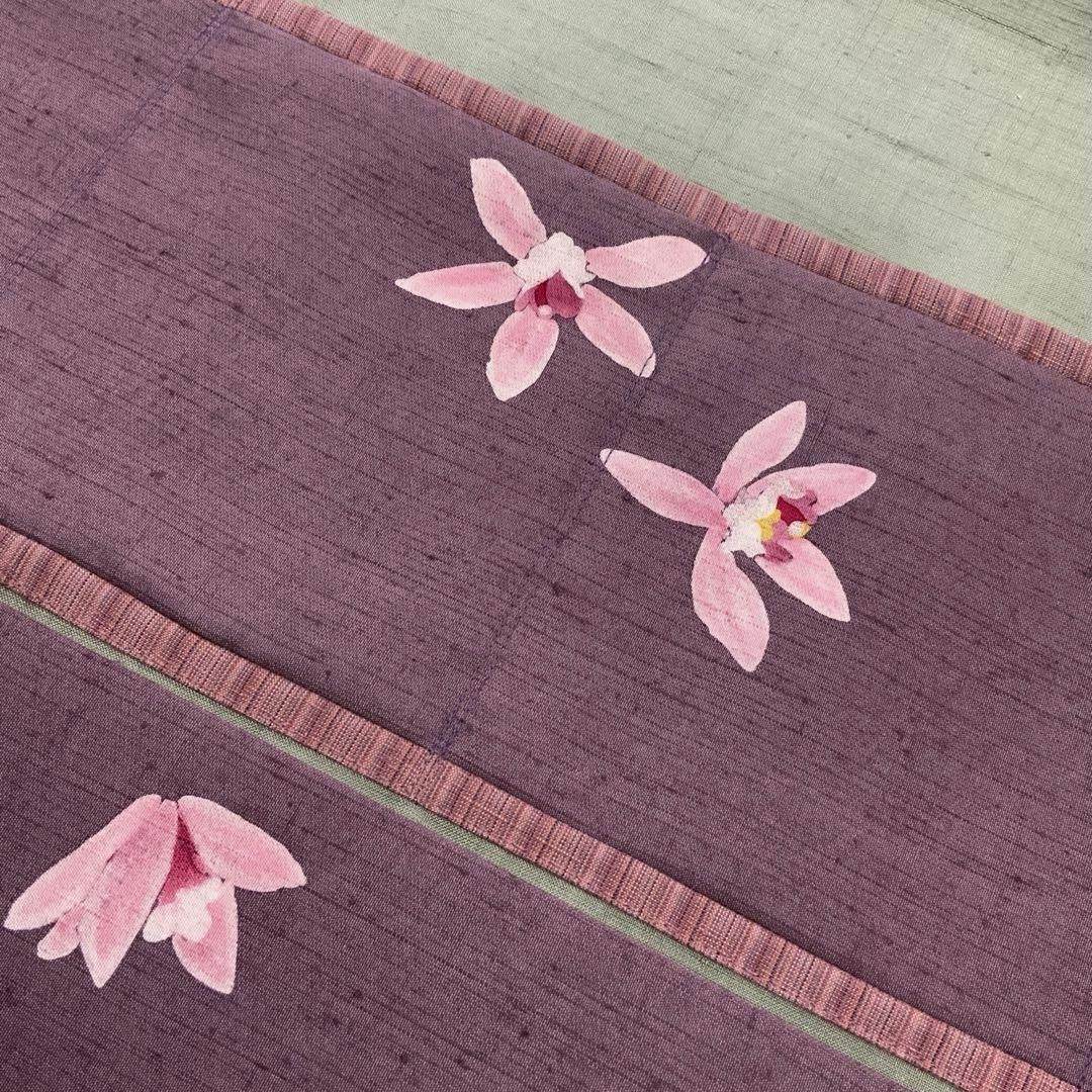 A4サイズ対応　紬　蘭のお花　リメイク　リネンコードハンドルバッグ