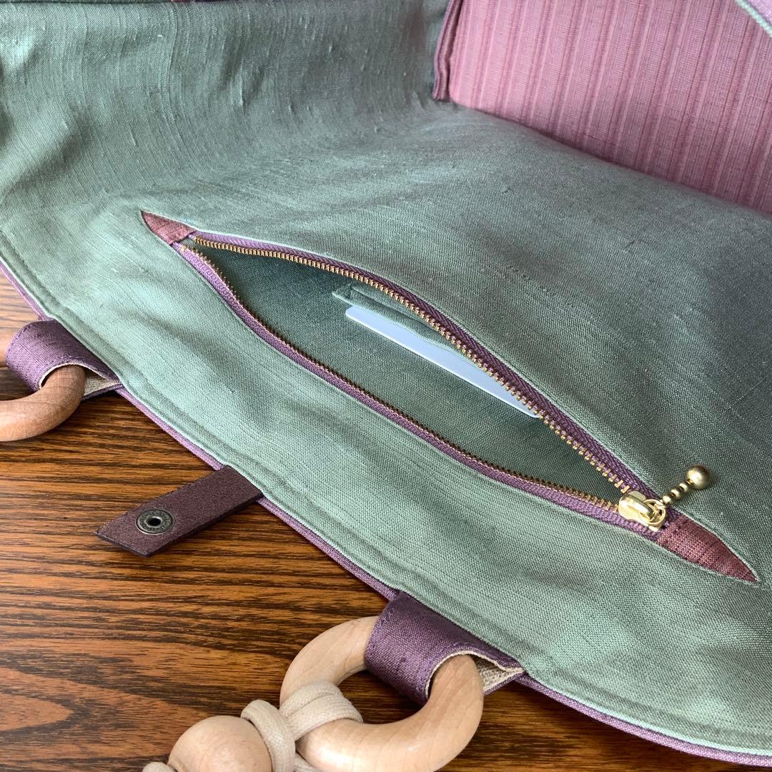 A4サイズ対応　紬　蘭のお花　リメイク　リネンコードハンドルバッグ