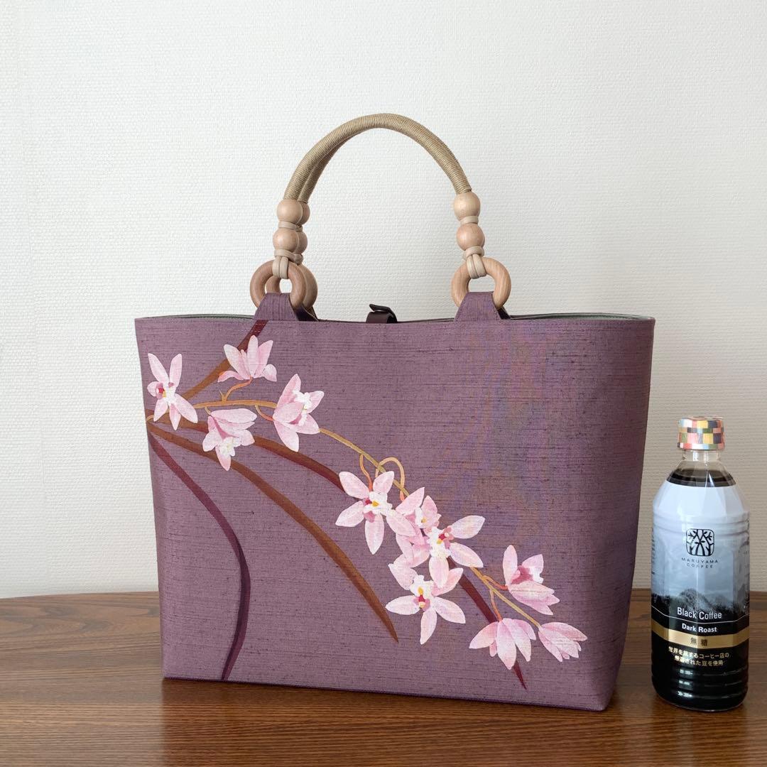 A4サイズ対応　紬　蘭のお花　リメイク　リネンコードハンドルバッグ