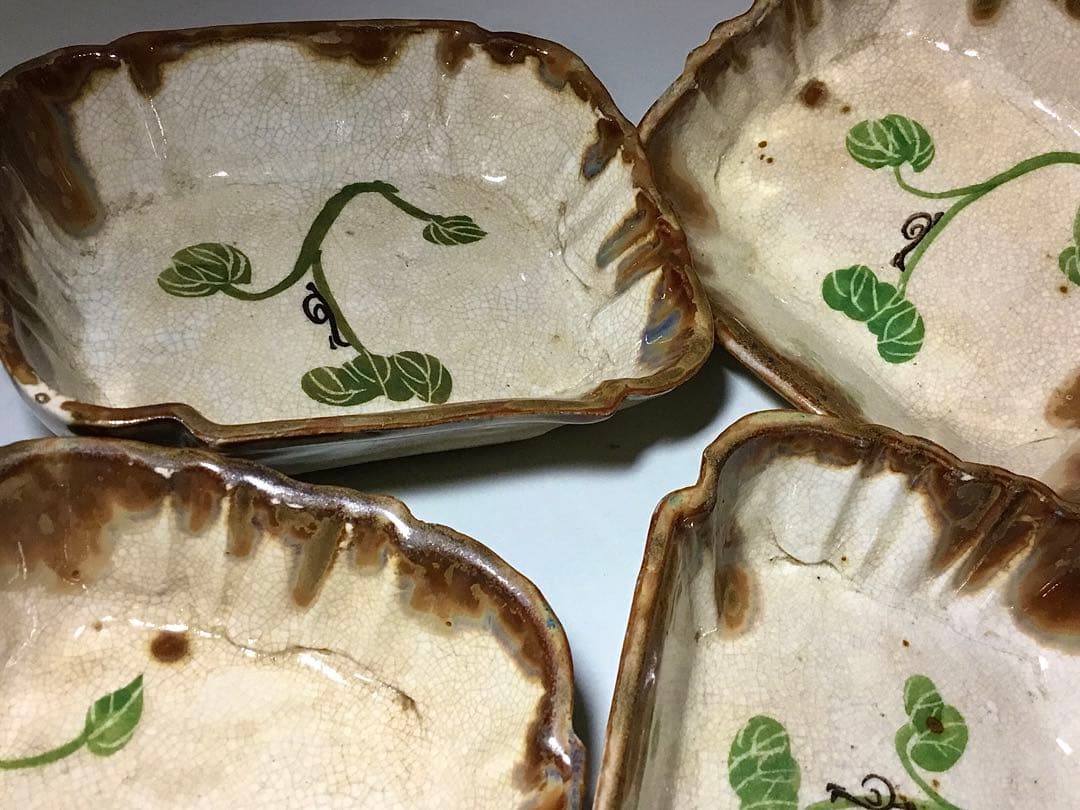 織部焼？◆角皿 ５個◆でんでん虫 カタツムリ 長皿 深皿 和食器 菓子皿
