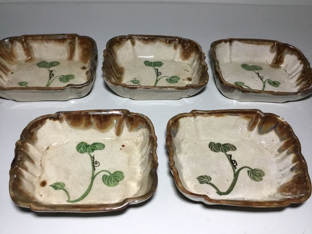 織部焼？◆角皿 ５個◆でんでん虫 カタツムリ 長皿 深皿 和食器 菓子皿