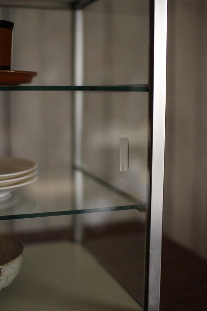 古いアルミフレームの卓上全面ガラスケース　収納棚　キッチン収納　古家具　古道具