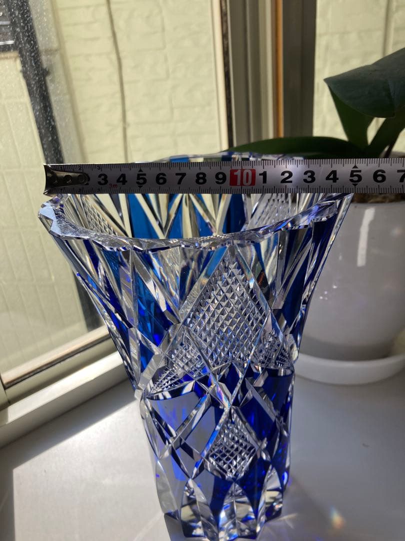 昭和レトロ◆江戸切子◆花器 花瓶◆昭和後期◆青被せ カットガラス