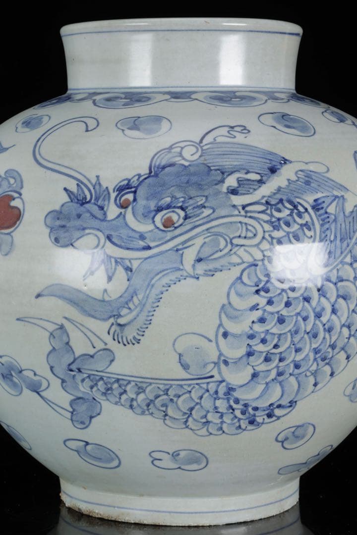 朝鮮美術 李朝 白磁 青花 染付 雲龍図 丸壺 32cm 大壺 古美術 骨董品