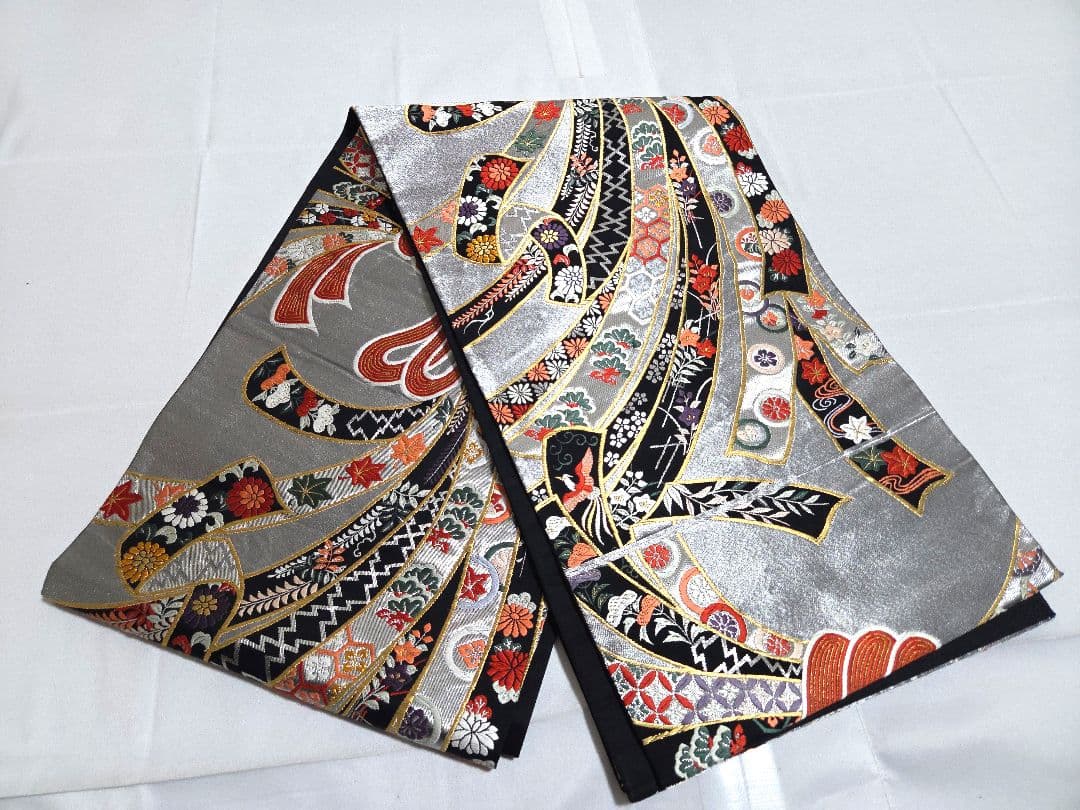 A5◆着物くつろぎ 束ね熨斗花文 銀糸 黒 六通 正絹 フォーマルな袋帯