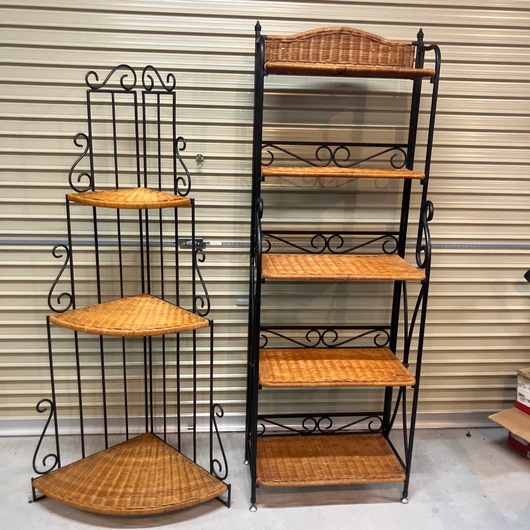 アンティーク調 アイアンフレーム 5段折りたたみラタンラック 飾り棚 花台レトロ